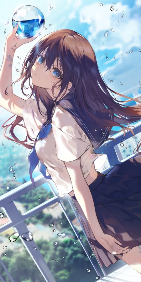 少女手持水球蓝眸微笑清新蓝白动漫手机壁纸