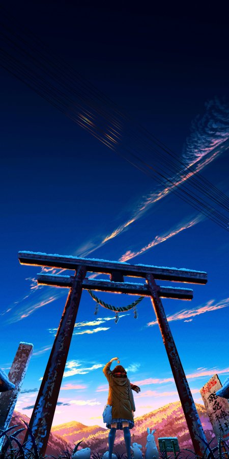 少女仰望雪覆鸟居山峦晚霞蓝紫动漫手机壁纸