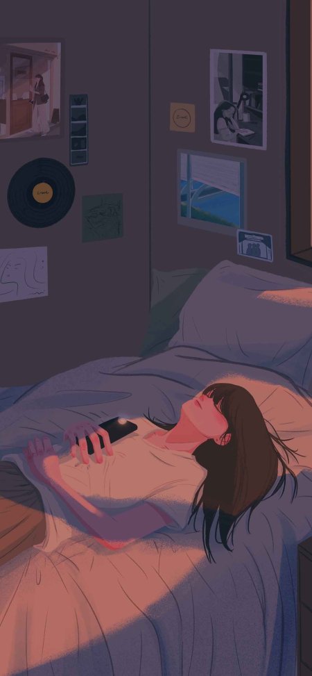 少女卧床手持手机暖紫情感文艺插画创意手机壁纸