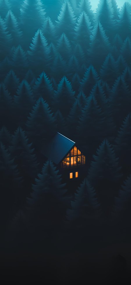 深林小屋暖光透窗蓝黑静谧插画手机壁纸