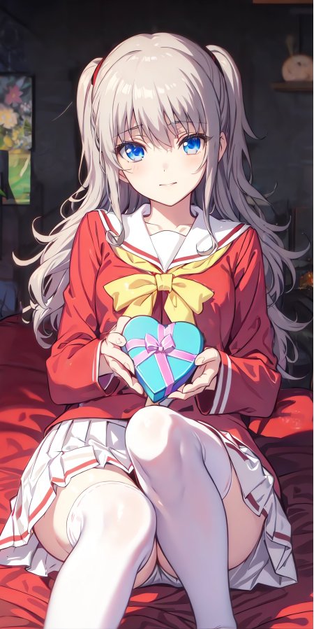 少女银发蓝眼红白水手服手持心形礼盒粉紫柔光动漫手机壁纸