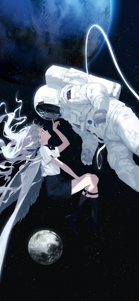 太空少女伸手触碰宇航员深蓝星云背景动漫手机壁纸