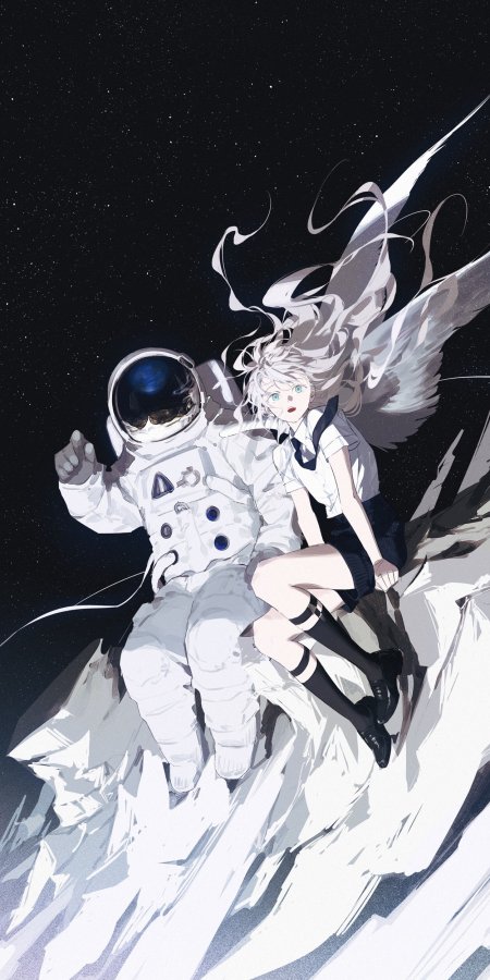 太空宇航员与白发少女共坐月表星尘背景暗黑动漫手机壁纸