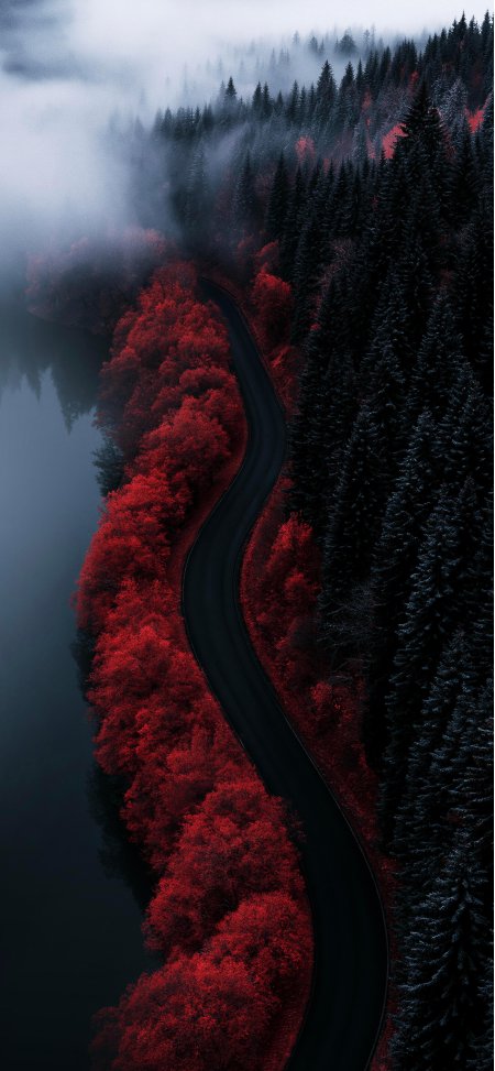 蜿蜒山路穿行红林雾海暗蓝灰调风景手机壁纸