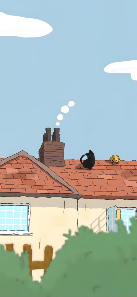 屋顶黑猫黄狗相伴红瓦蓝天清新插画创意手机壁纸