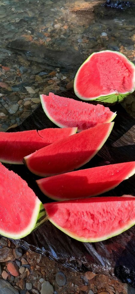 鲜红多汁西瓜切片溪边石上摆放清透红绿美食甜品手机壁纸