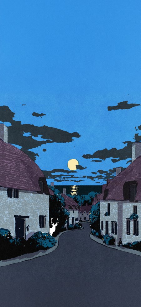 乡村小路白鹿伫立月夜蓝紫插画创意手机壁纸