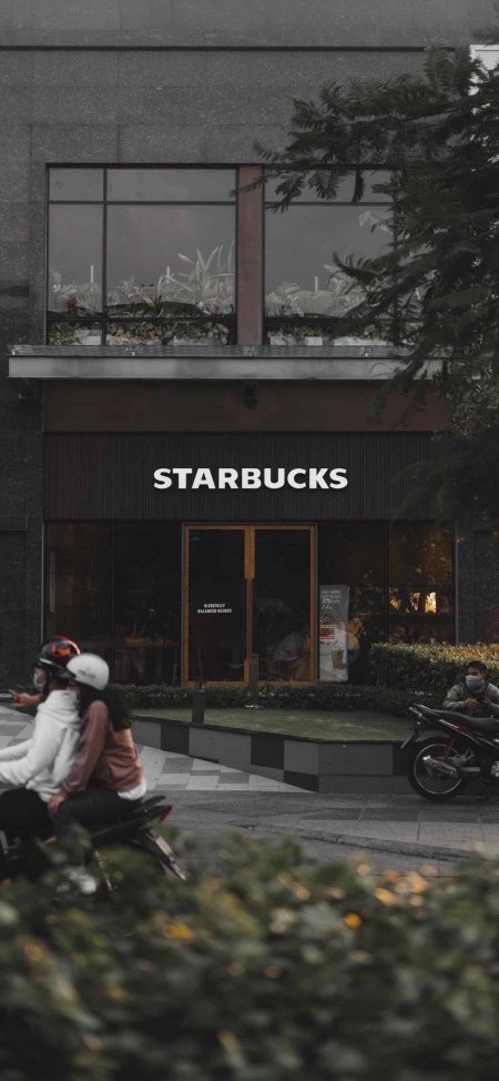 星巴克门店街景灰绿调城市建筑手机壁纸
