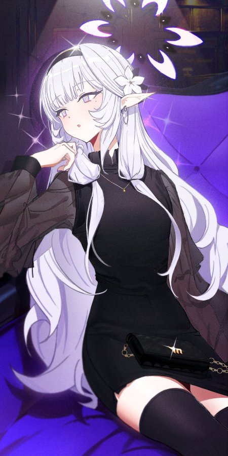 银发精灵耳少女黑裙白花紫光闪耀动漫手机壁纸