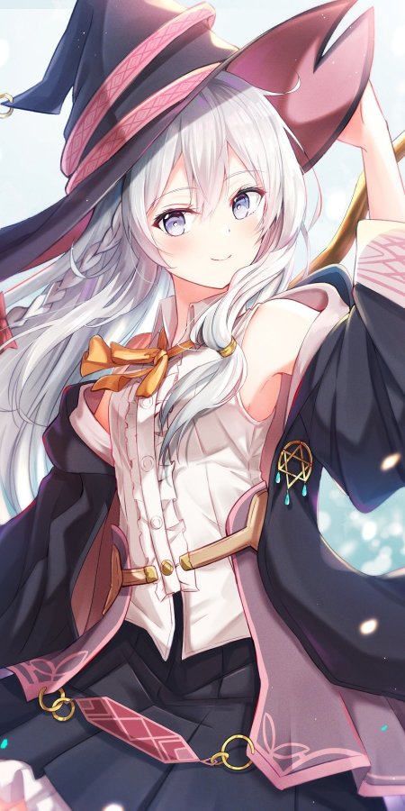 银发蓝眼魔女帽少女微笑粉紫动漫手机壁纸