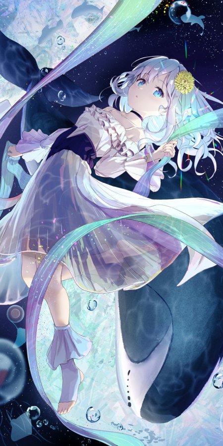 银发蓝眼少女水中漂浮梦幻紫蓝动漫手机壁纸