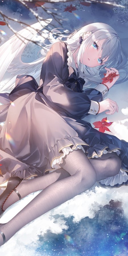 银发蓝眼天使少女手持红花雪景梦幻动漫手机壁纸