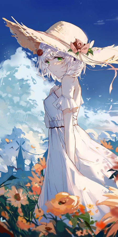 银发绿眼少女戴草帽白裙花田蓝白云动漫手机壁纸