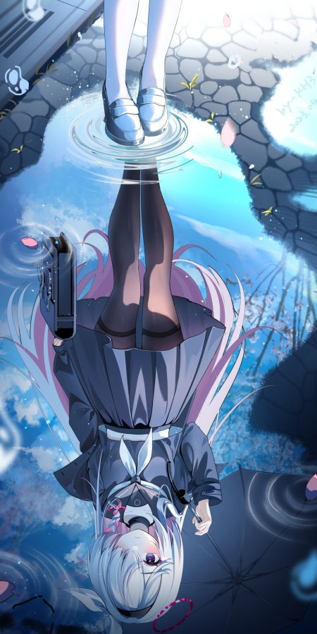 银发少女倒影水洼持伞蓝紫梦幻动漫手机壁纸