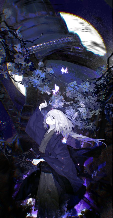 银发少女夜樱下持剑仰望紫蓝梦幻动漫手机壁纸