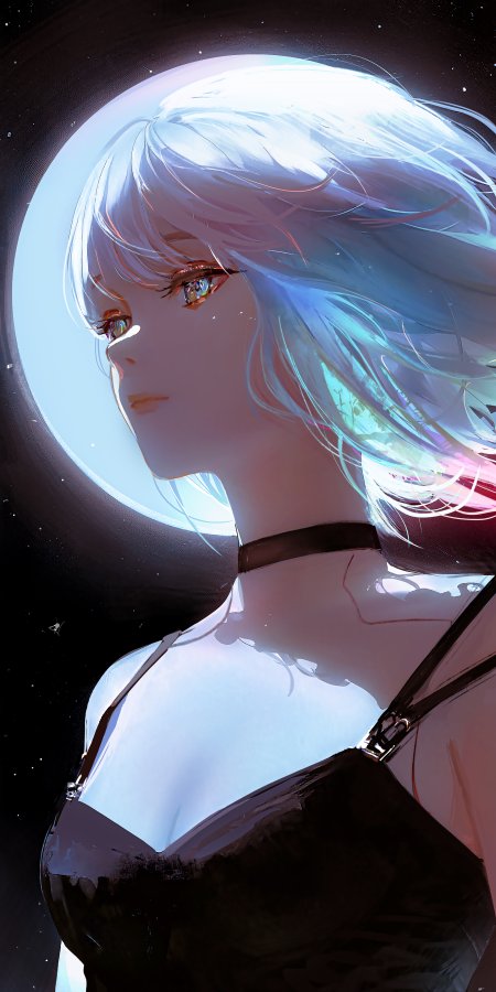 银发少女侧颜凝望月光星辉蓝紫动漫手机壁纸