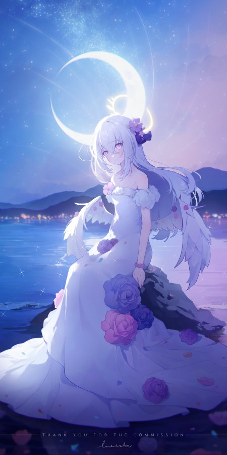 银发天使少女白裙紫花月夜湖畔蓝紫梦幻动漫手机壁纸
