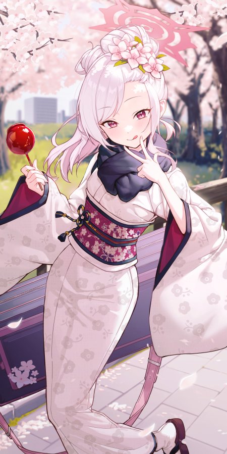 樱花树下银发少女和风服饰手持糖苹果粉紫动漫手机壁纸
