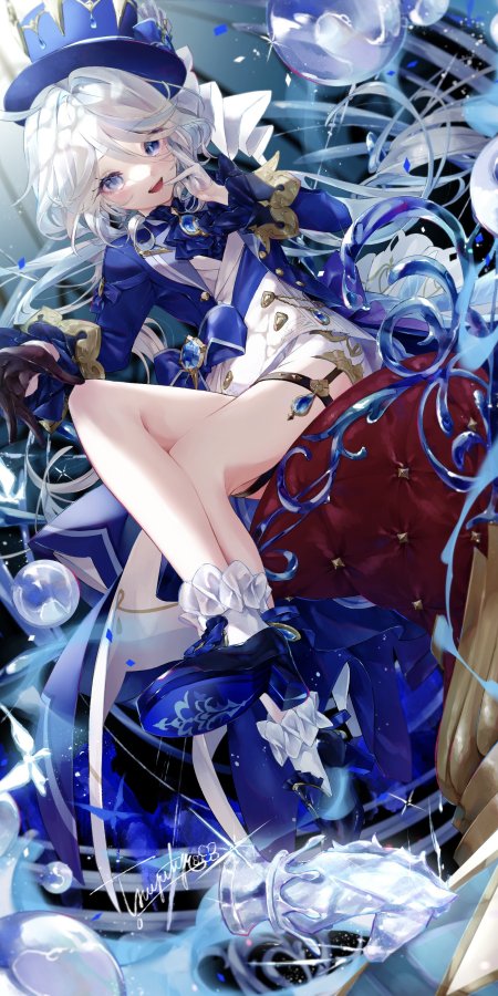 原神芙宁娜蓝白礼服少女坐姿梦幻蓝紫动漫手机壁纸