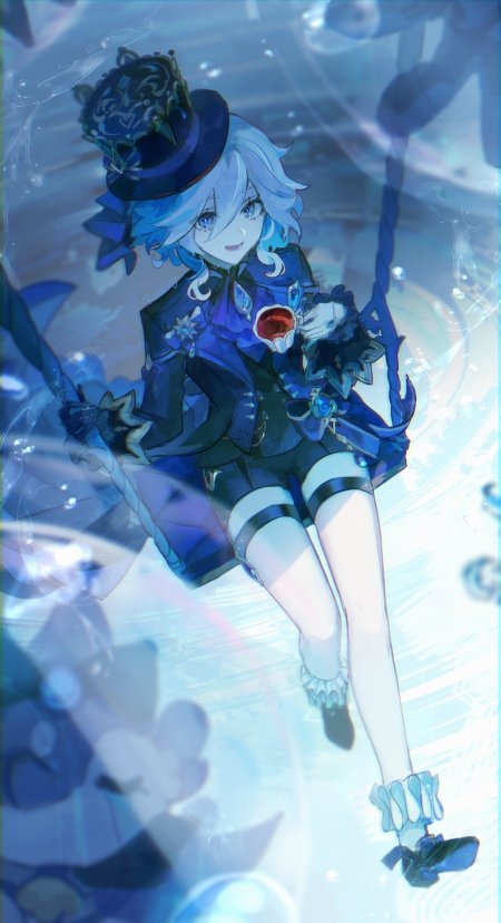 原神芙宁娜蓝发高帽少女手持红杯水光梦幻蓝白动漫手机壁纸