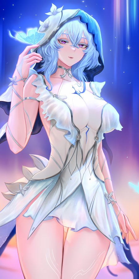 原神芙宁娜蓝发紫眸持蝶少女梦幻粉紫动漫手机壁纸