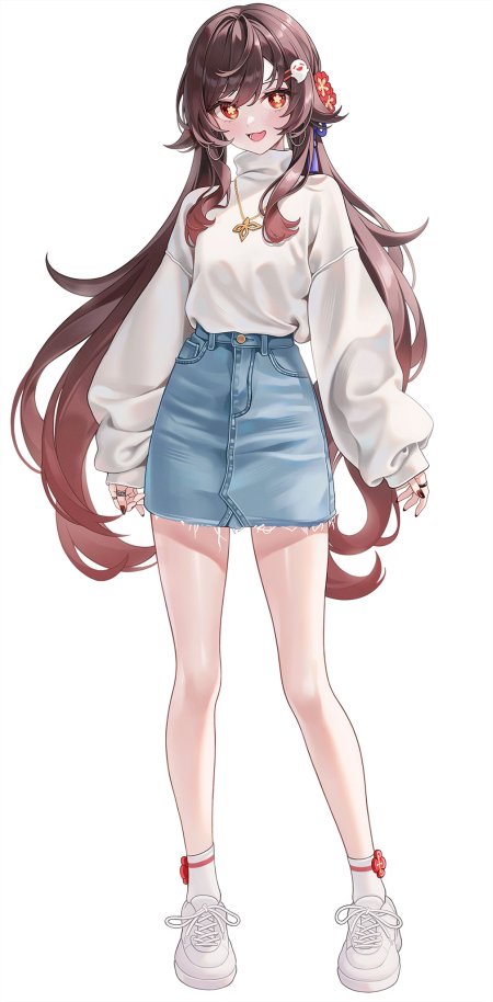 原神胡桃白衫牛仔短裙红瞳少女粉紫动漫手机壁纸