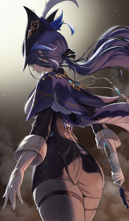 原神克洛琳德紫发巫师帽侧身持剑暗紫奇幻动漫手机壁纸