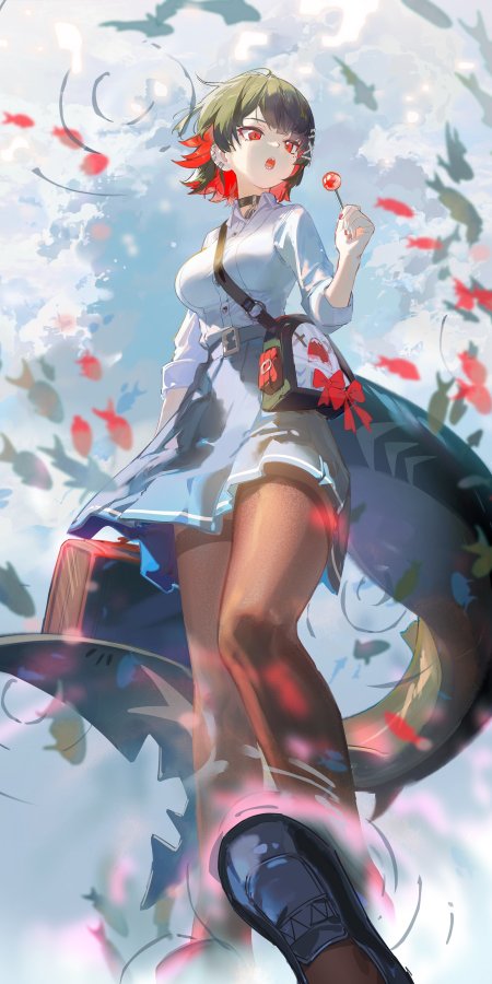 原神提纳里绿发红瞳少女手持棒棒糖蓝白梦幻动漫手机壁纸