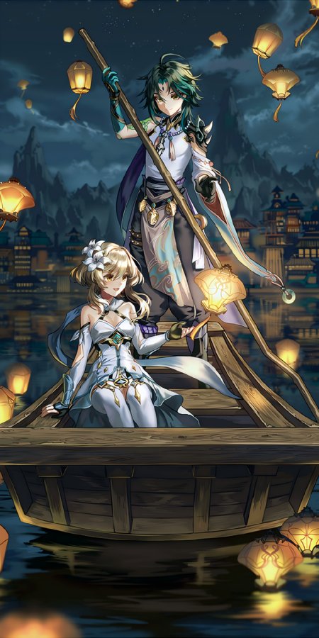 原神魈与荧夜泊河灯少女古风唯美动漫手机壁纸