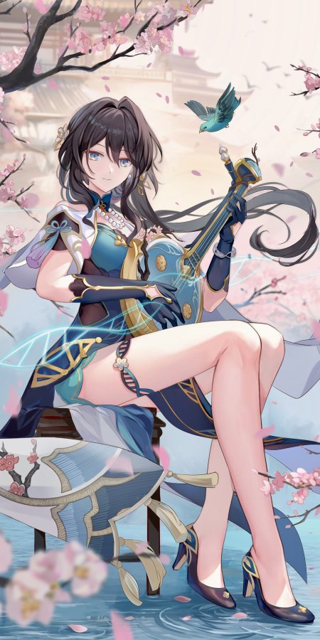 原神夜兰蓝金古风少女持琴坐樱雨中粉紫动漫手机壁纸