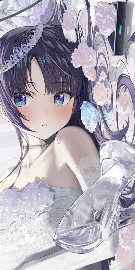 紫发蓝瞳少女头戴水晶冠身着蕾丝婚纱粉紫梦幻动漫手机壁纸