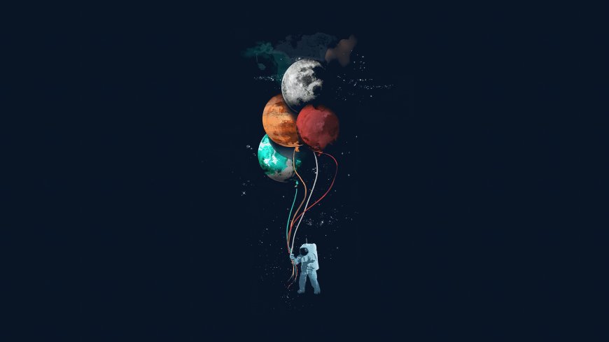 宇航员手持星球气球深空漂浮暗蓝太空科幻电脑壁纸