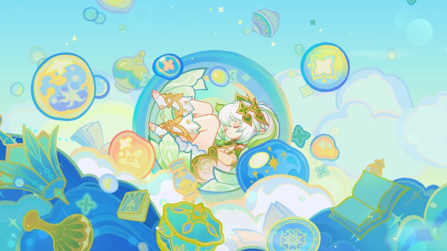 原神纳西妲白发绿饰躺卧云海星泡蓝绿梦幻动漫电脑壁纸