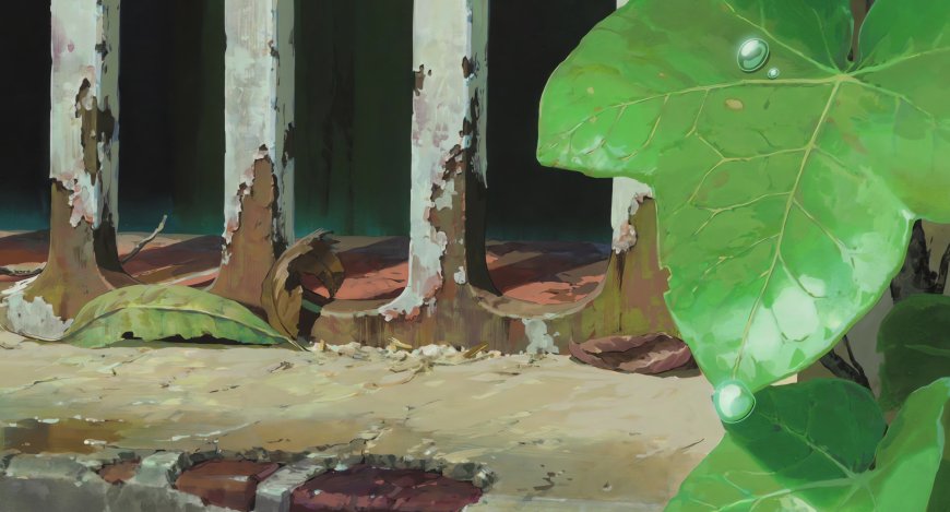 绿叶水珠斑驳白墙废墟手绘插画电脑壁纸