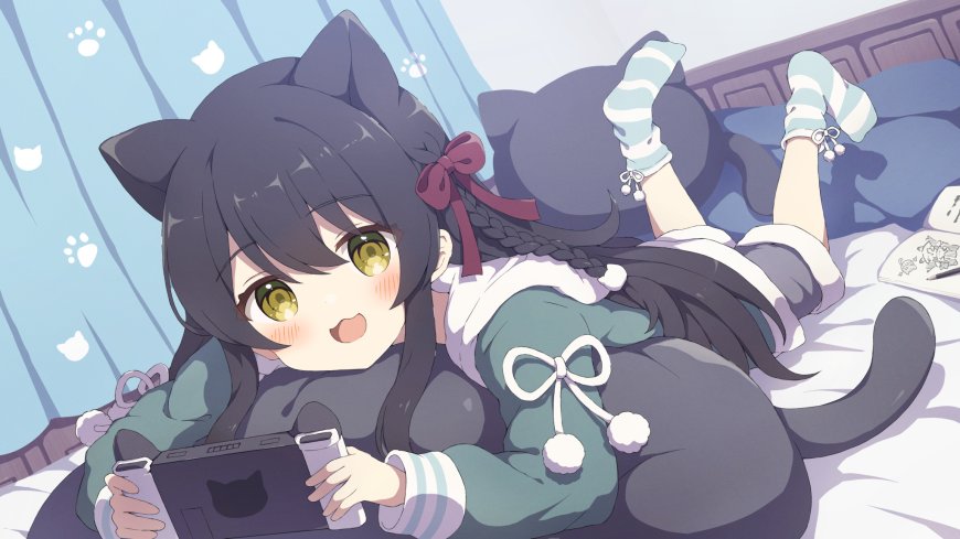猫耳黑发少女绿衣白袜手持游戏机蓝白动漫电脑壁纸