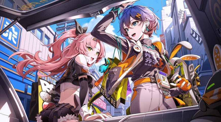 赛博朋克都市街头双少女活力跃动蓝粉动漫电脑壁纸
