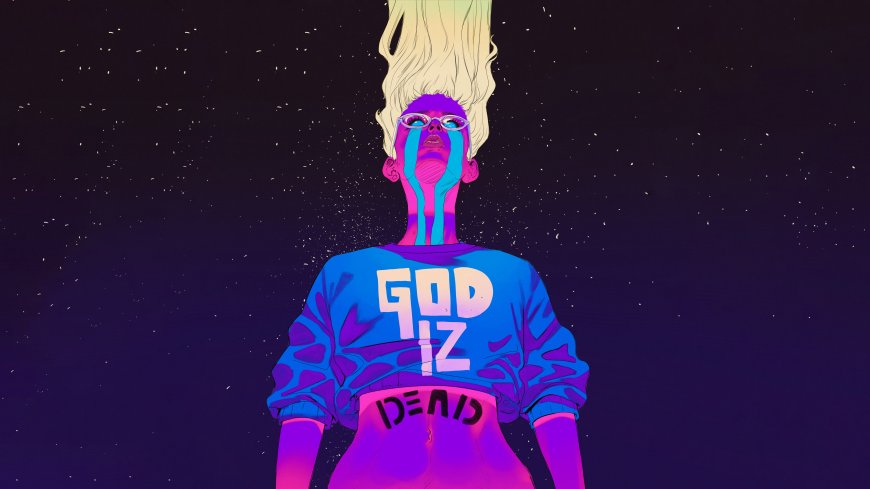 赛博朋克风格紫蓝霓虹少女仰望星空暗紫科幻动漫电脑壁纸