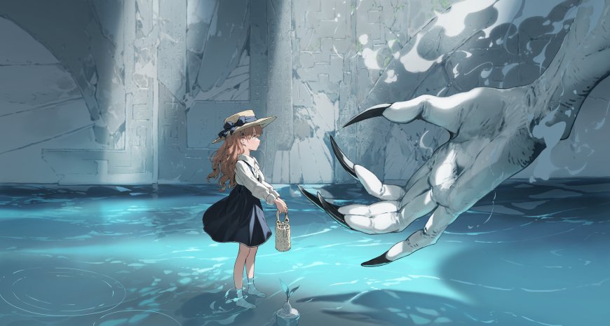 少女戴草帽持提篮面对巨爪神秘遗迹蓝白动漫电脑壁纸
