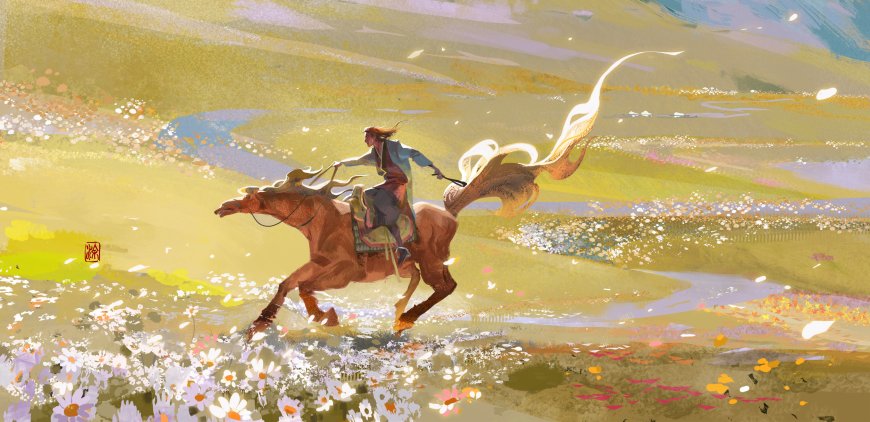 少女骑马疾驰花海原野暖金奇幻插画电脑壁纸