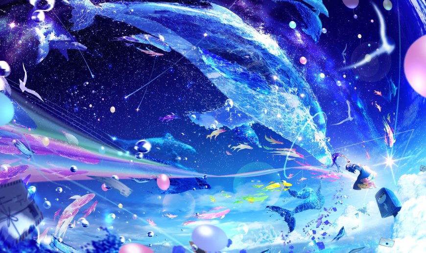 深海鲸鱼星云穿梭蓝紫梦幻动漫电脑壁纸