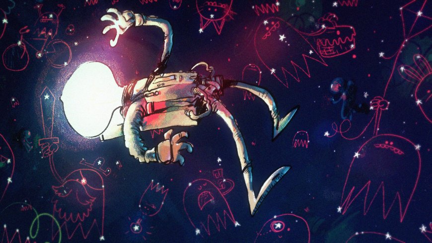 太空宇航员漂浮星海霓虹涂鸦暗紫科幻插画电脑壁纸
