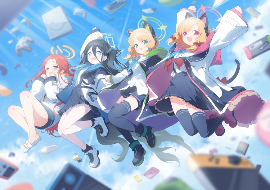 蔚蓝天空下四位猫耳少女跃动飞舞蓝白清新动漫电脑壁纸