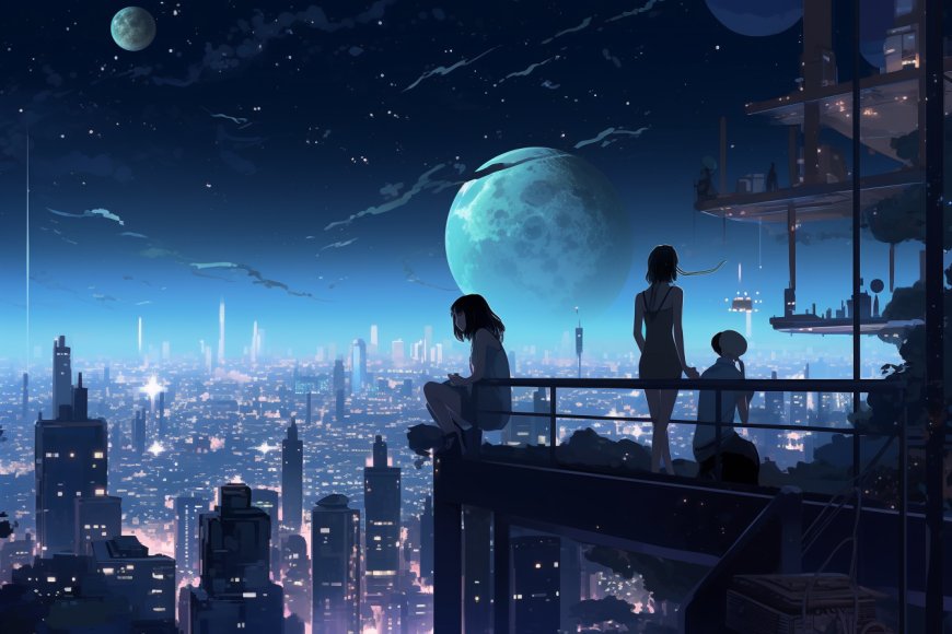 夜空巨月城市天台三少女剪影蓝紫动漫电脑壁纸