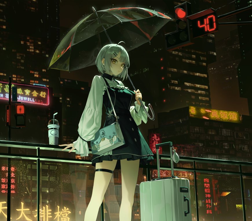 银发少女雨夜撑伞霓虹街景暗绿赛博风动漫电脑壁纸