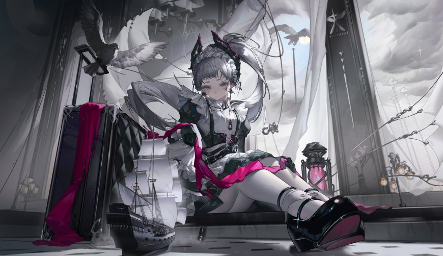 银发双马尾少女黑裙粉带哥特风灰白动漫电脑壁纸