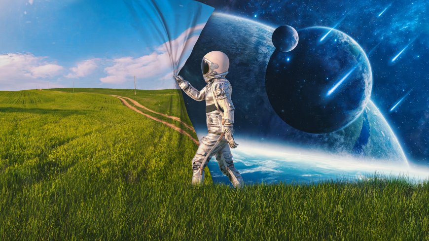 宇航员掀开星空帷幕绿野星球蓝紫太空科幻电脑壁纸