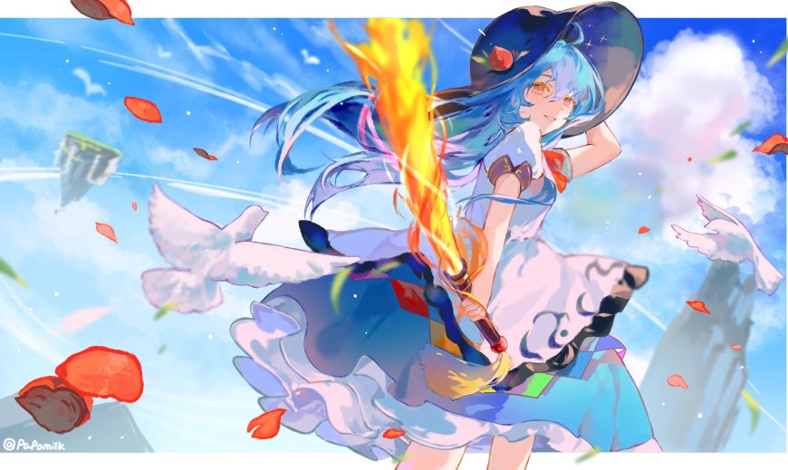 原神芙宁娜持火杖飞鸟花瓣蓝天动漫电脑壁纸