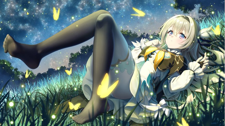 原神荧星夜草丛萤火少女蓝紫梦幻动漫电脑壁纸