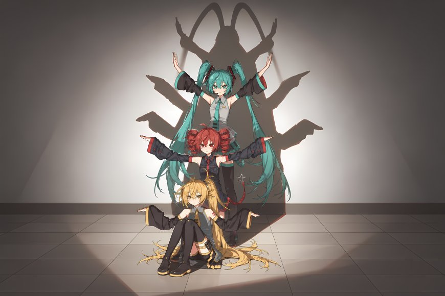 重音Teto初音未来与亚北音留连三重姿态蓝绿红金发动漫电脑壁纸