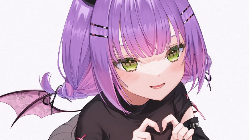 紫发绿眼少女比心微笑粉紫动漫电脑壁纸